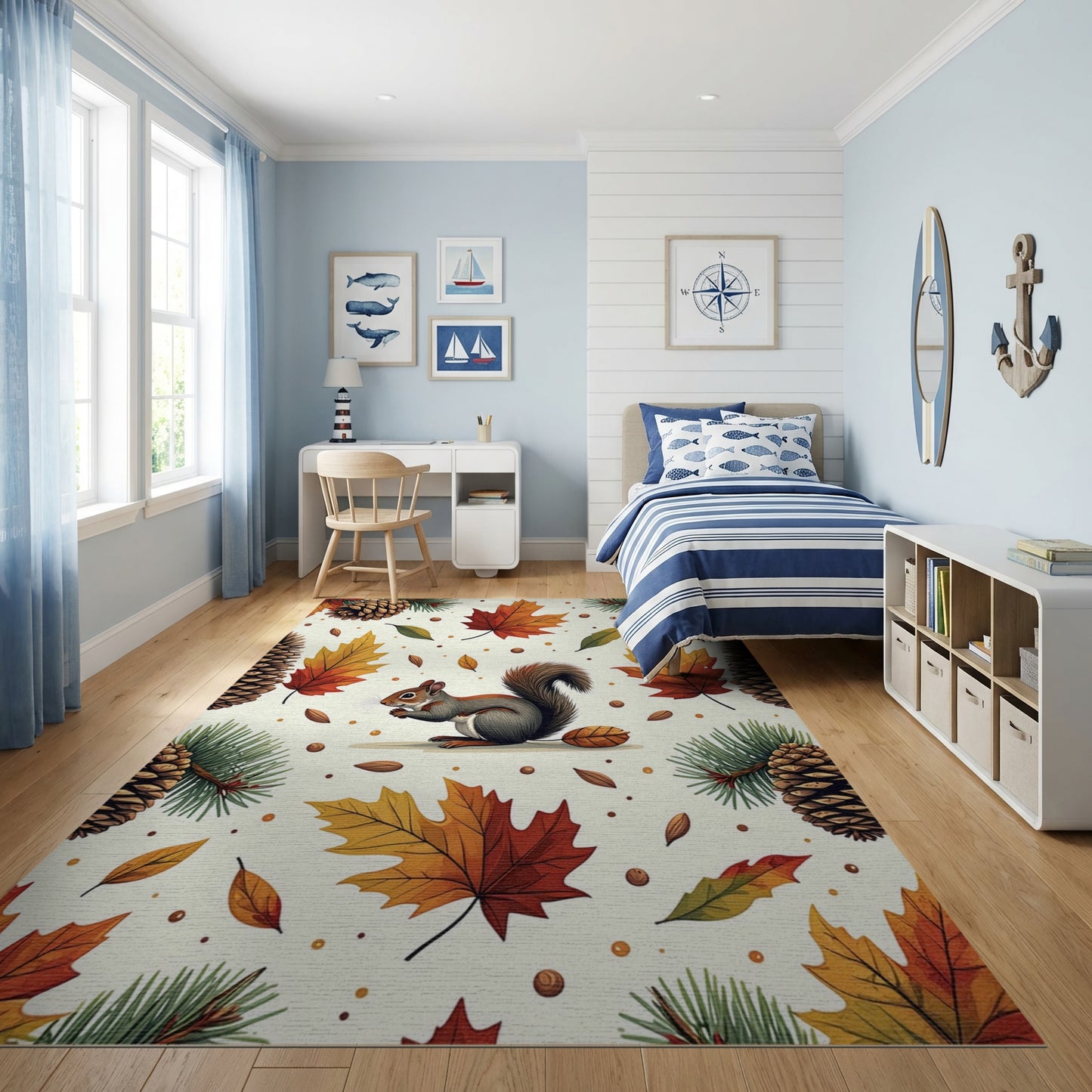 Whimsical Autumn Squirrel Pinecone Leaf Rug