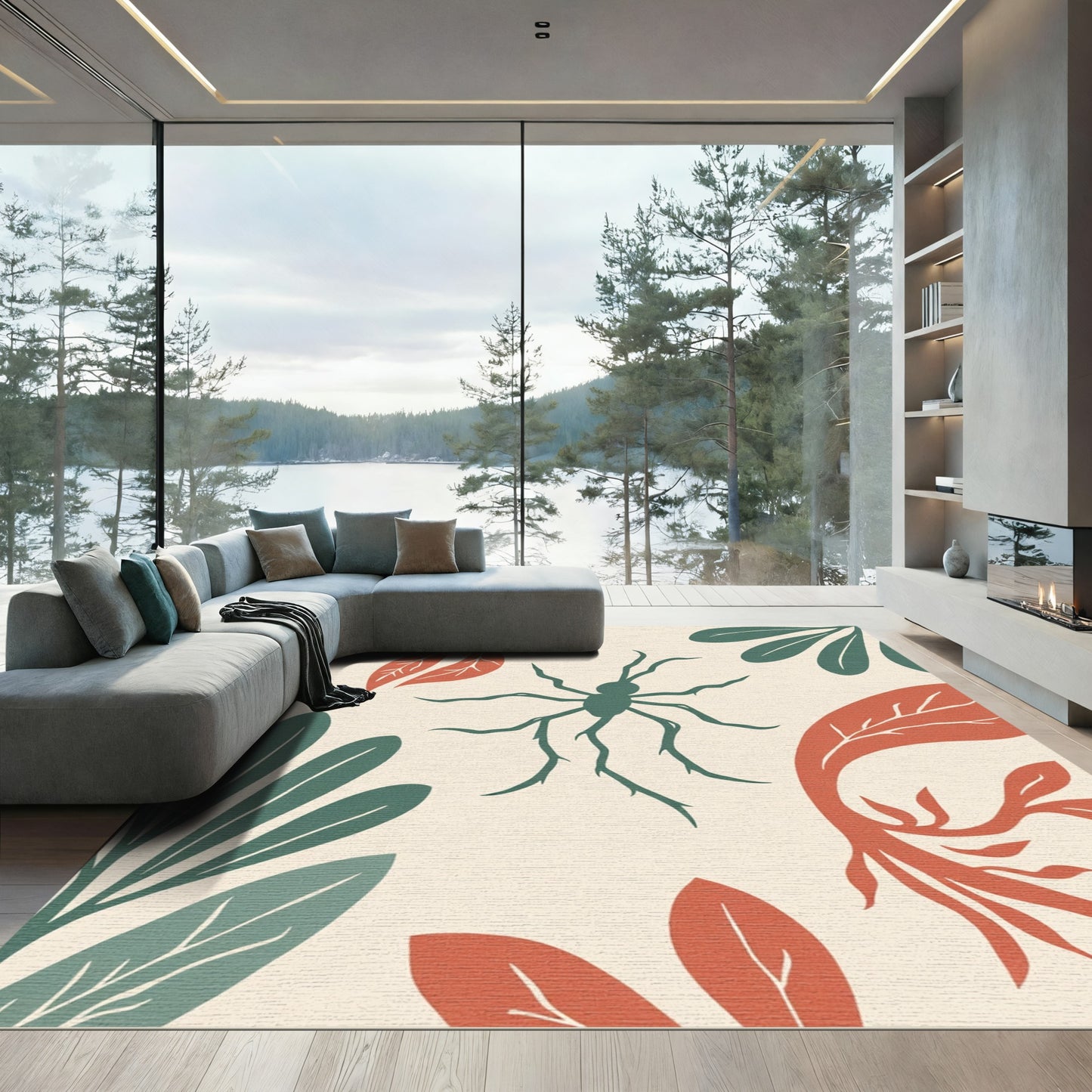 Botanical Spider Coral Red Green Rug