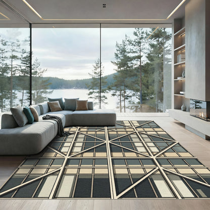 Geometric Cream and Slate Grid Rug