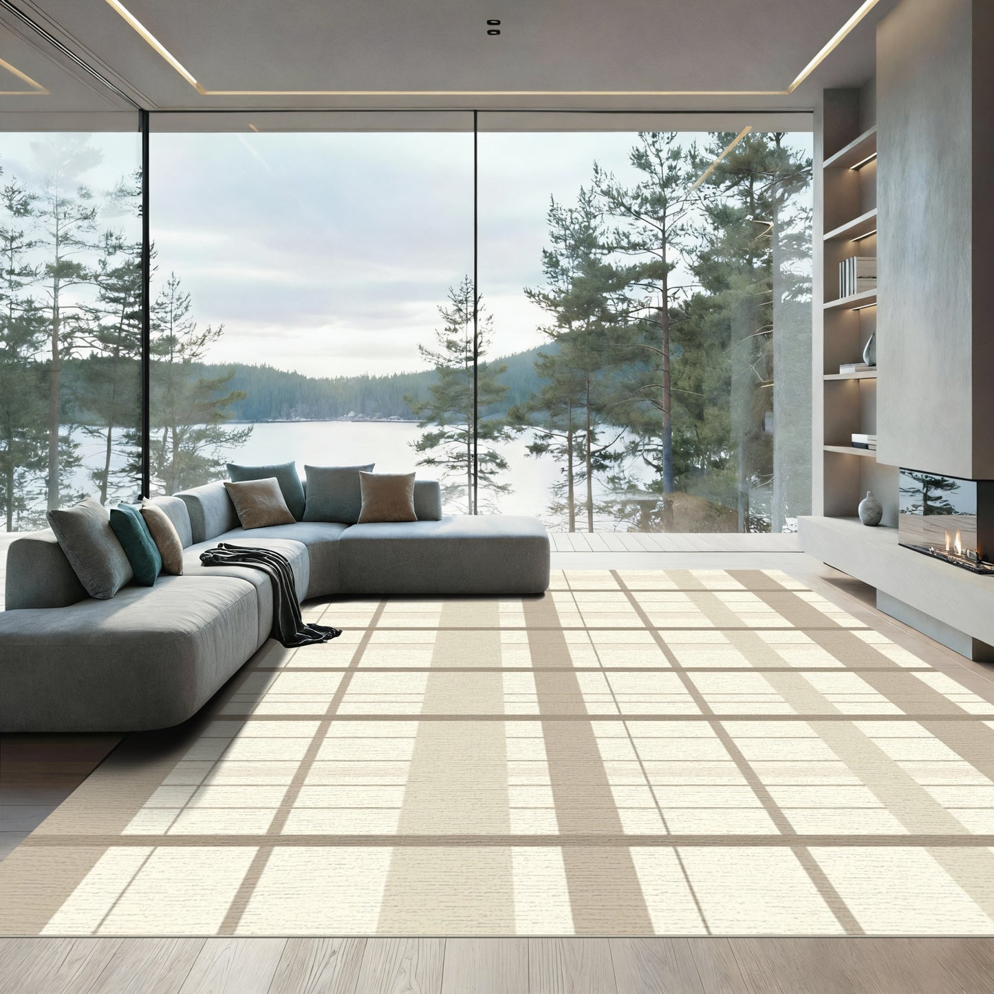 Neutral Beige Plaid Grid Rug