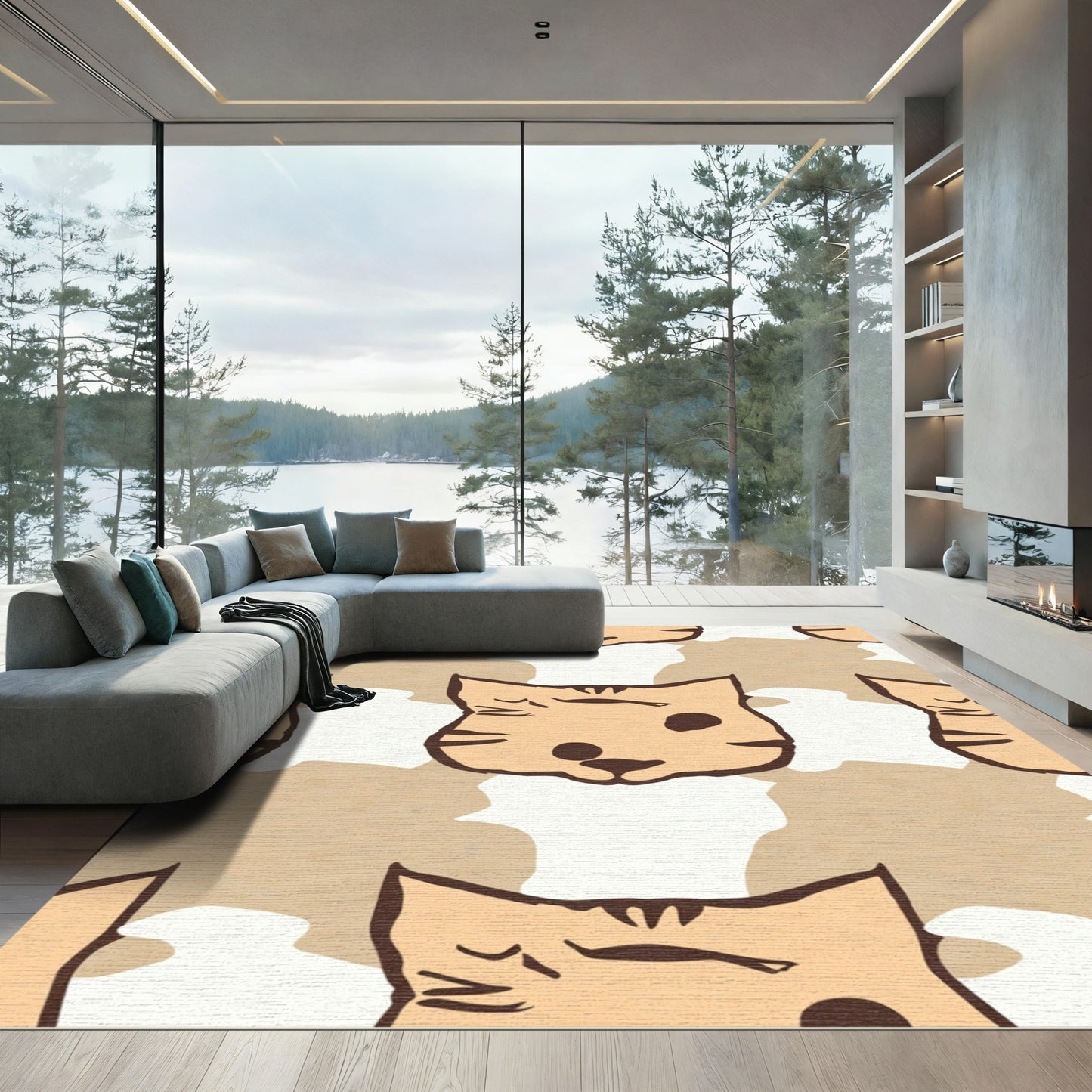 Whimsical Cat Faces Beige Camo Rug