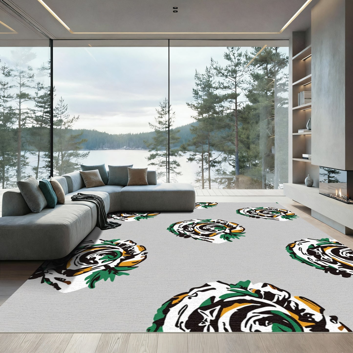 Monochromatic Floral Swirl Yellow Green Accents Rug