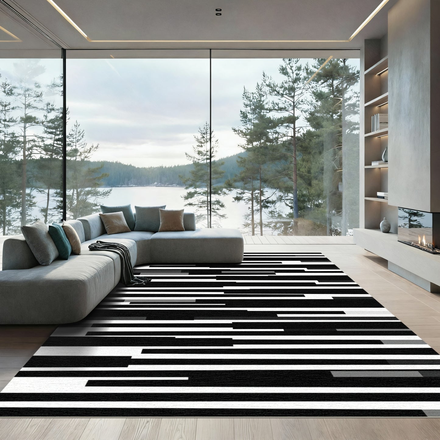 Black Gray White Horizontal Line Rug