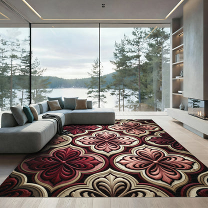 Regal Crimson Floral Damask Trellis Rug