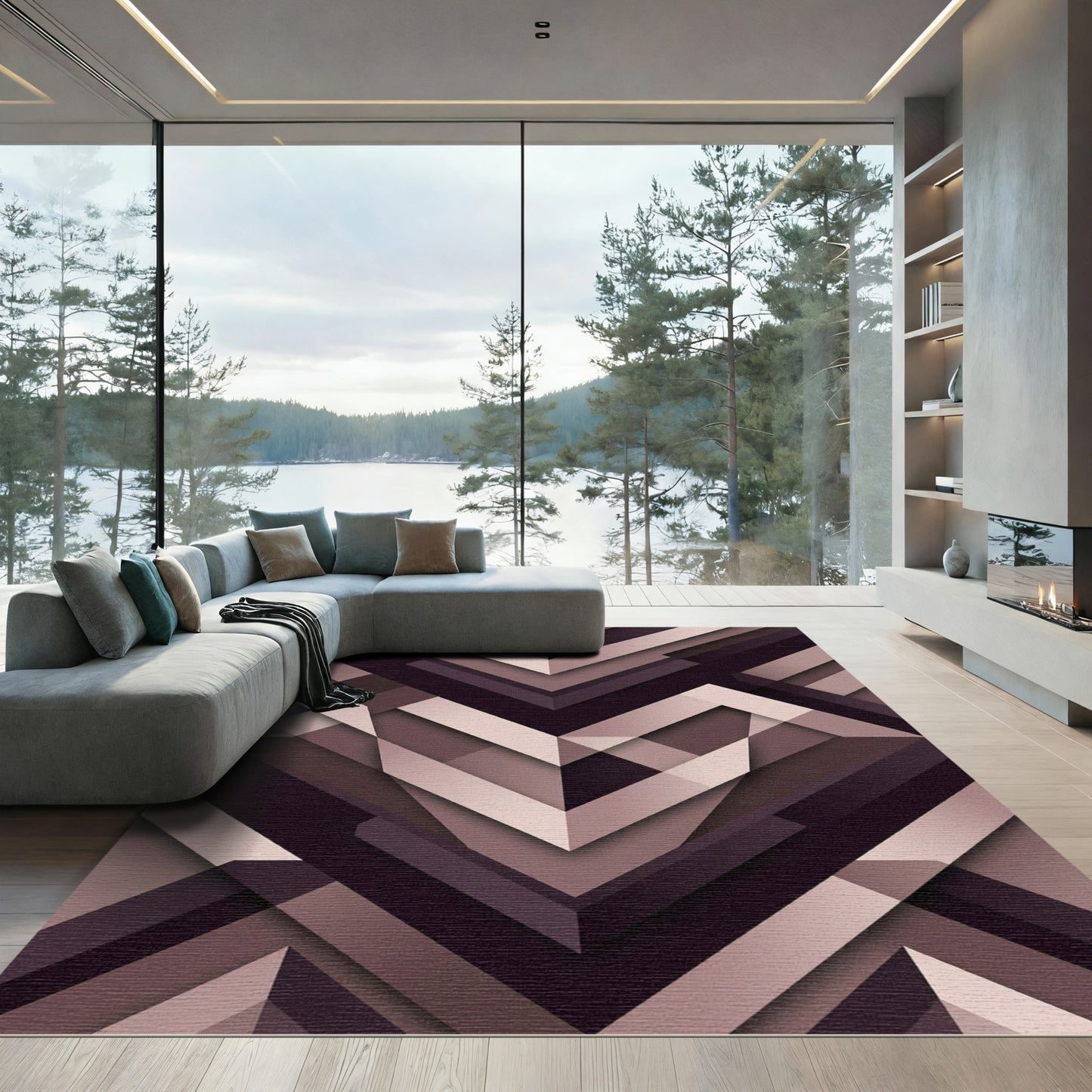 Modern Mauve Geometric Angular Abstract Rug