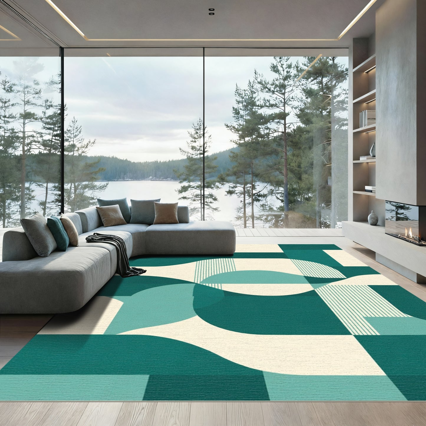 Teal Cream Abstract Geometric Waves Rug