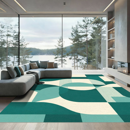 Teal Cream Abstract Geometric Waves Rug