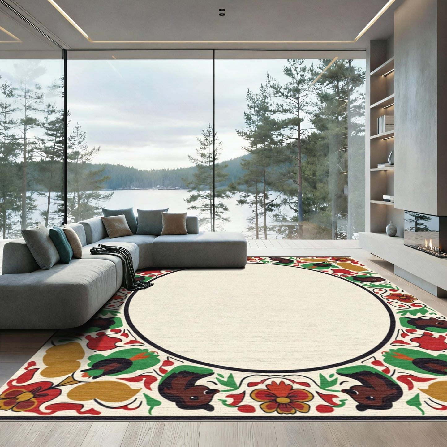 Farmhouse Red Brown Floral Border Rug