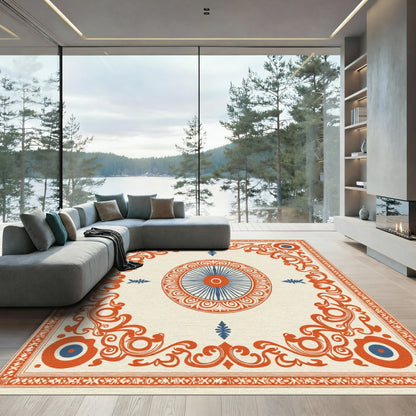 Orange Blue Medallion Scrollwork Rug