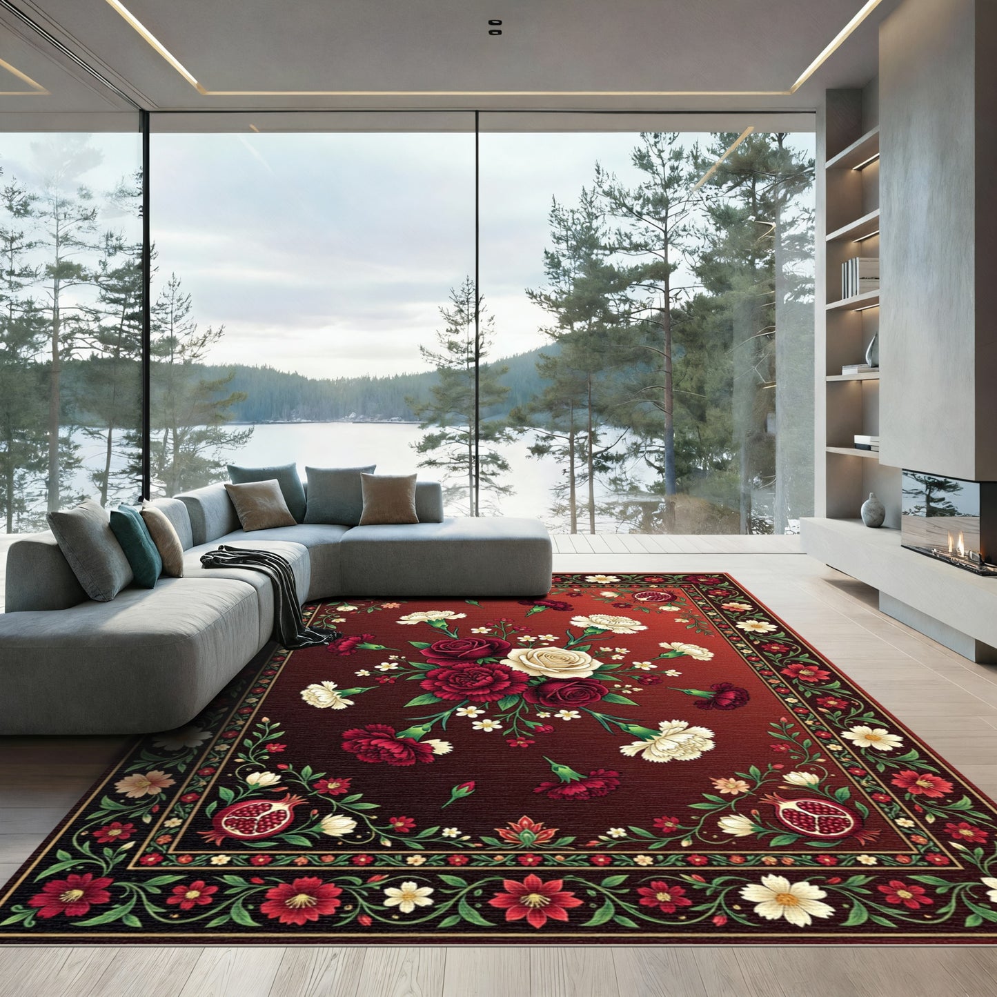 Crimson Floral Medallion Pomegranate Rug