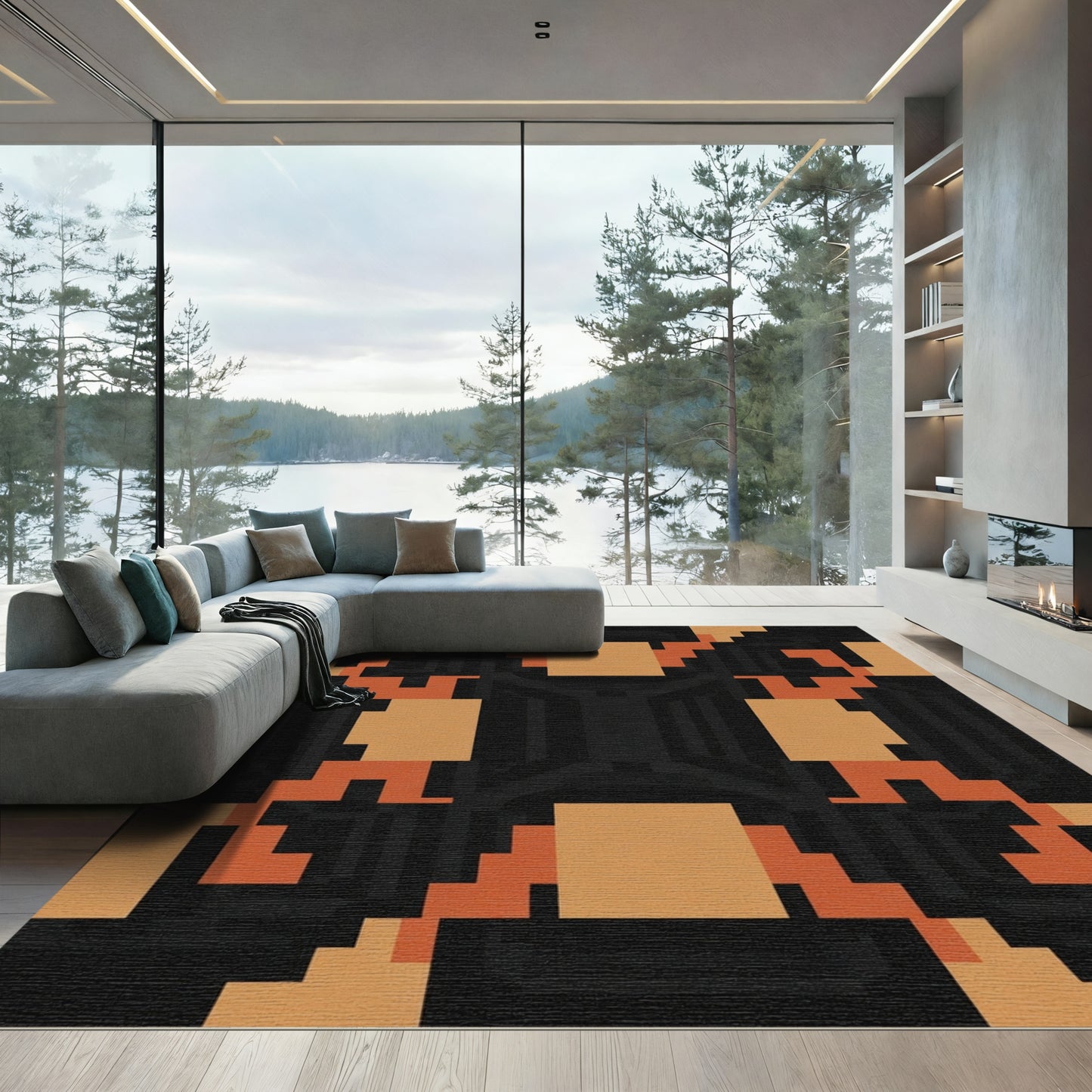 Retro Geometric Orange Squares Rug
