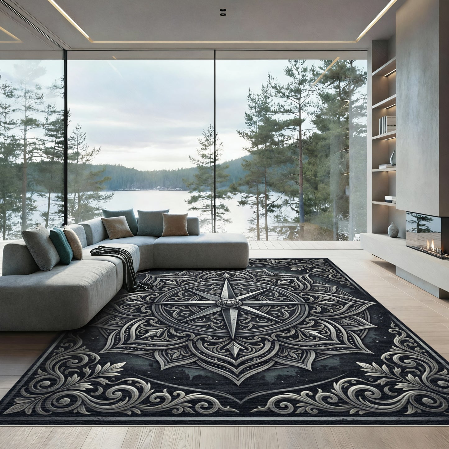 Ornate Silver Elemental Compass Medallion Rug