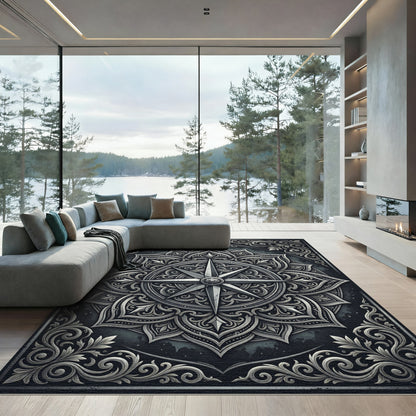Ornate Silver Elemental Compass Medallion Rug