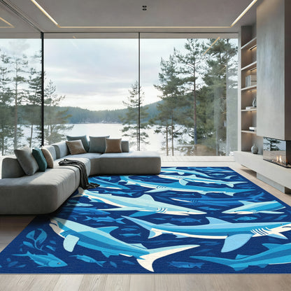 Blue Shark School Underwater Scene Rug