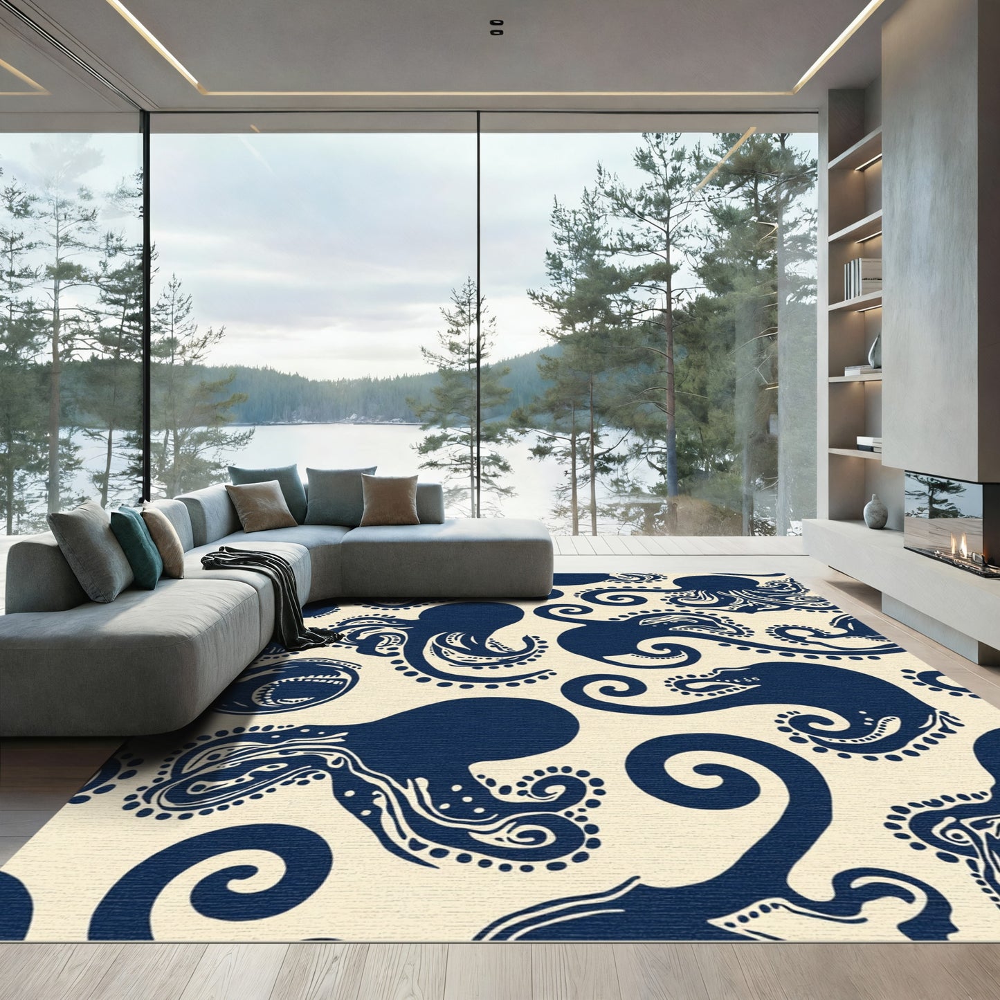 Navy Octopus Swirl Coastal Motif Rug