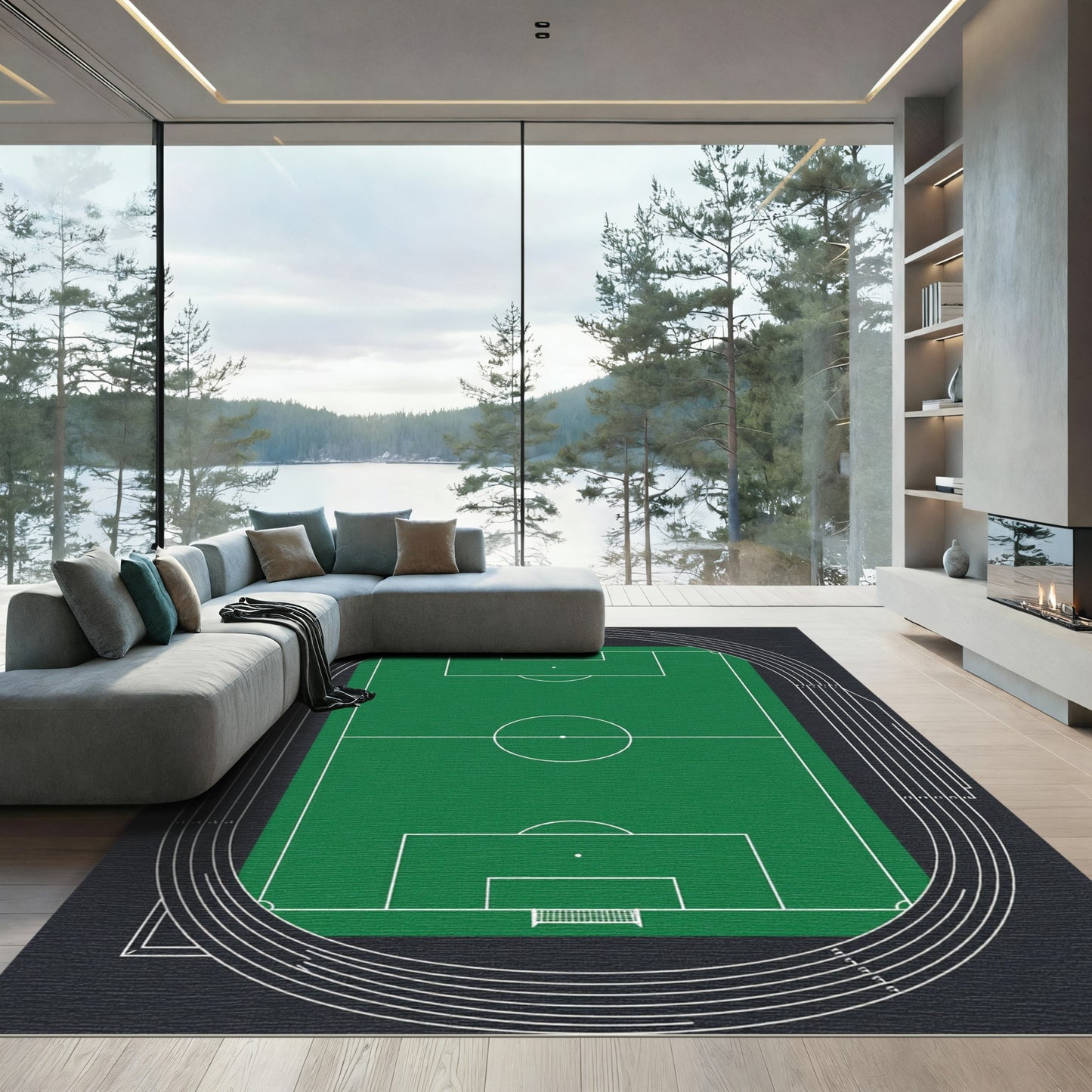 Minimalist Green Soccer Stadium Field Rug