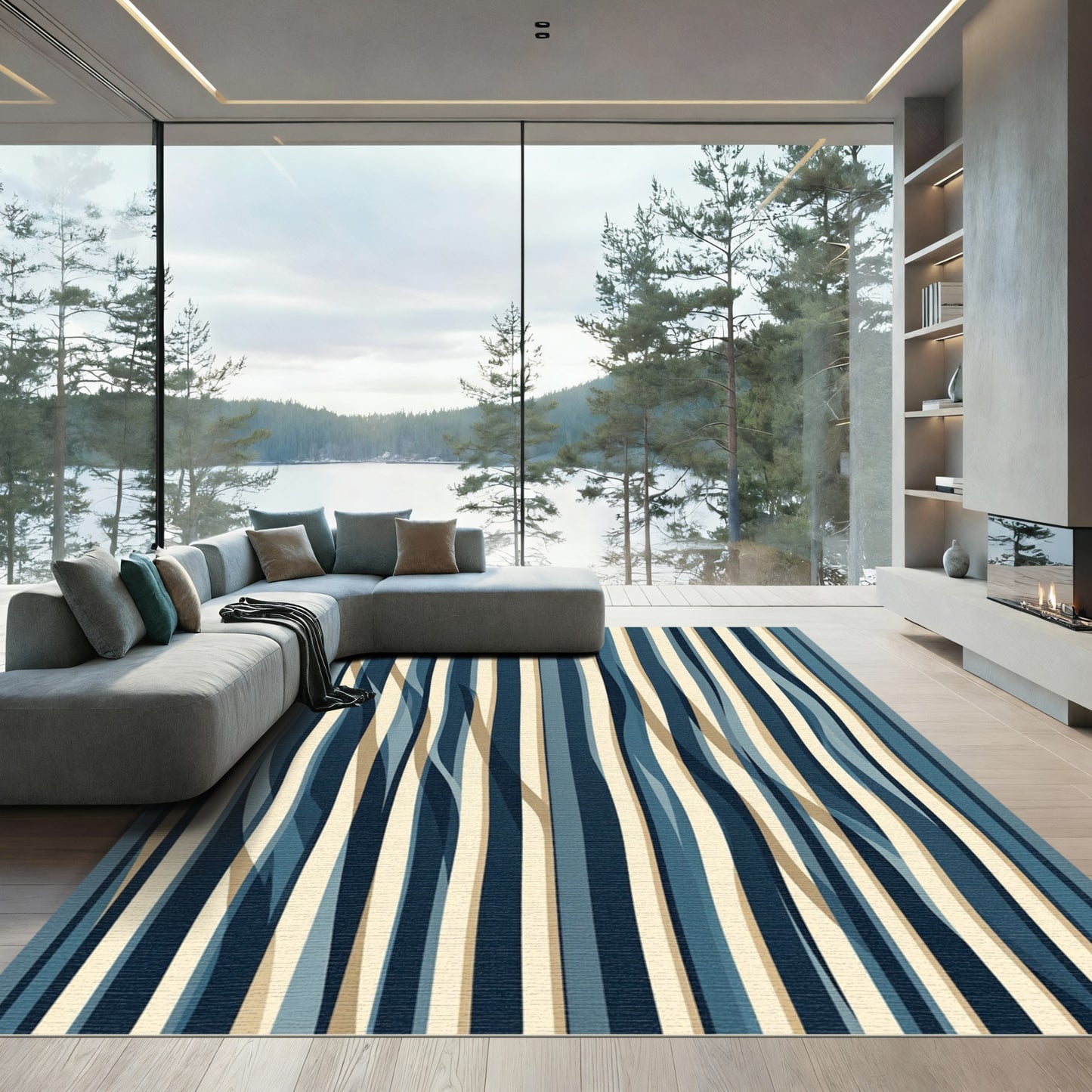 Modern Blue Wave Vertical Stripe Rug