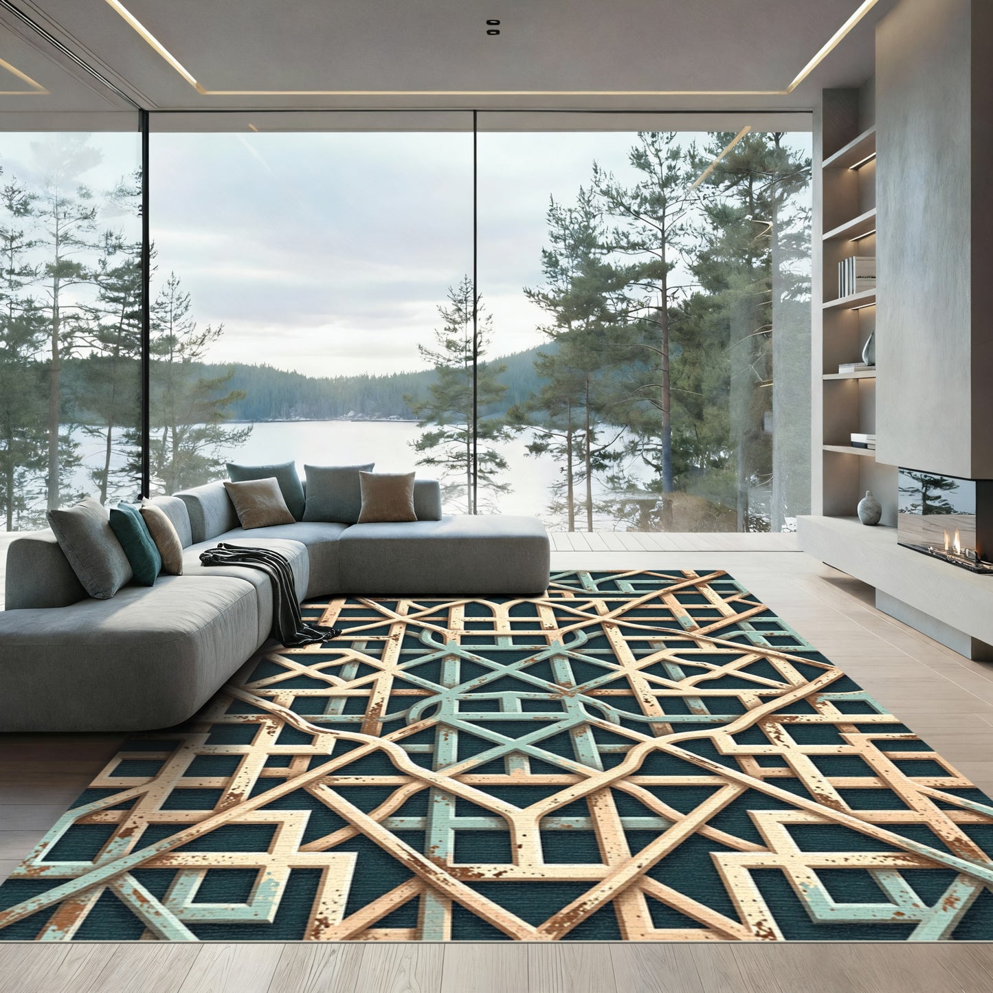 Aged Wood Lattice Interlocking Geometric Rug