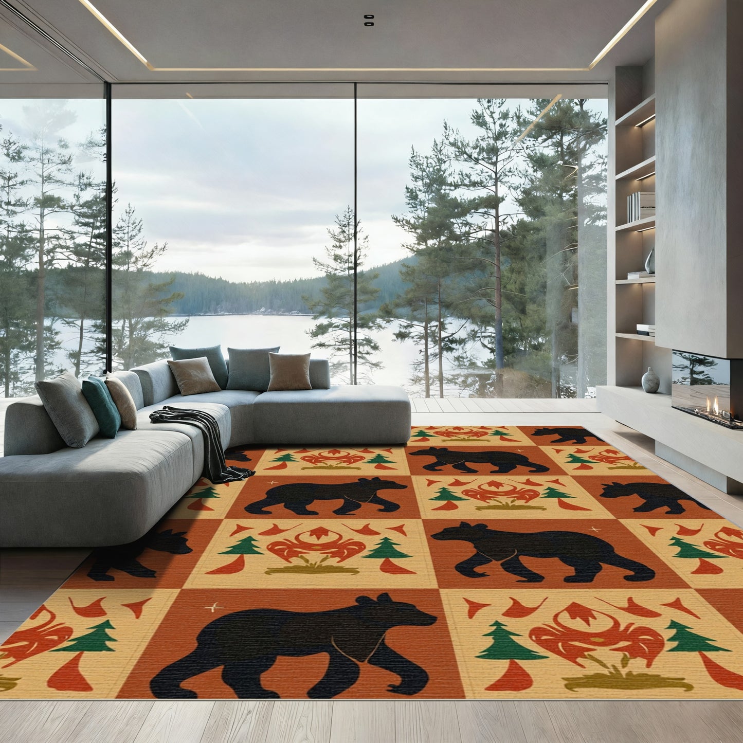 Black Bear Forest Folk Red Floral Rug