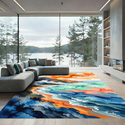 Abstract Watercolor Sunset Coastline Oceanscape Rug