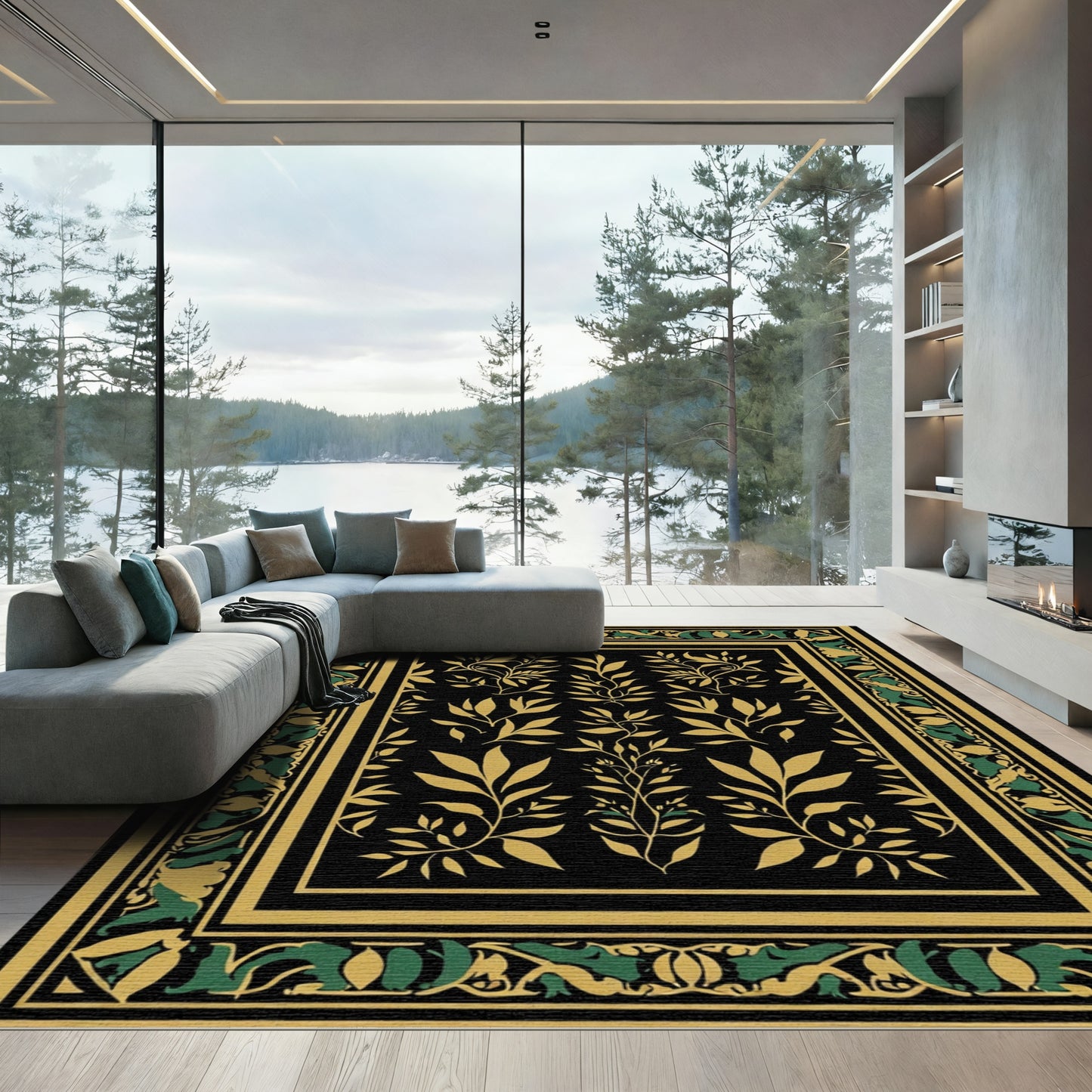 Black Gold Green Leaf Border Rug