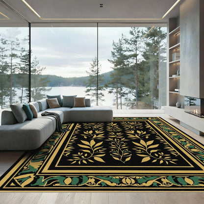 Black Gold Green Leaf Border Rug