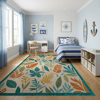 Vibrant Teal and Orange Leaf Rug