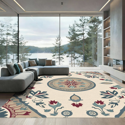 Crimson Teal Floral Medallion Arrangement Rug