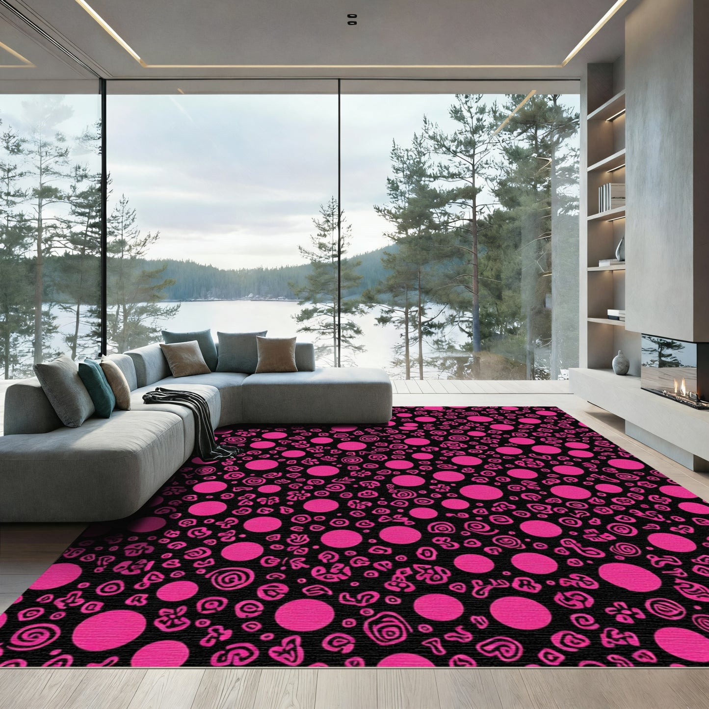 Vibrant Hot Pink Polka Dot Swirls Rug