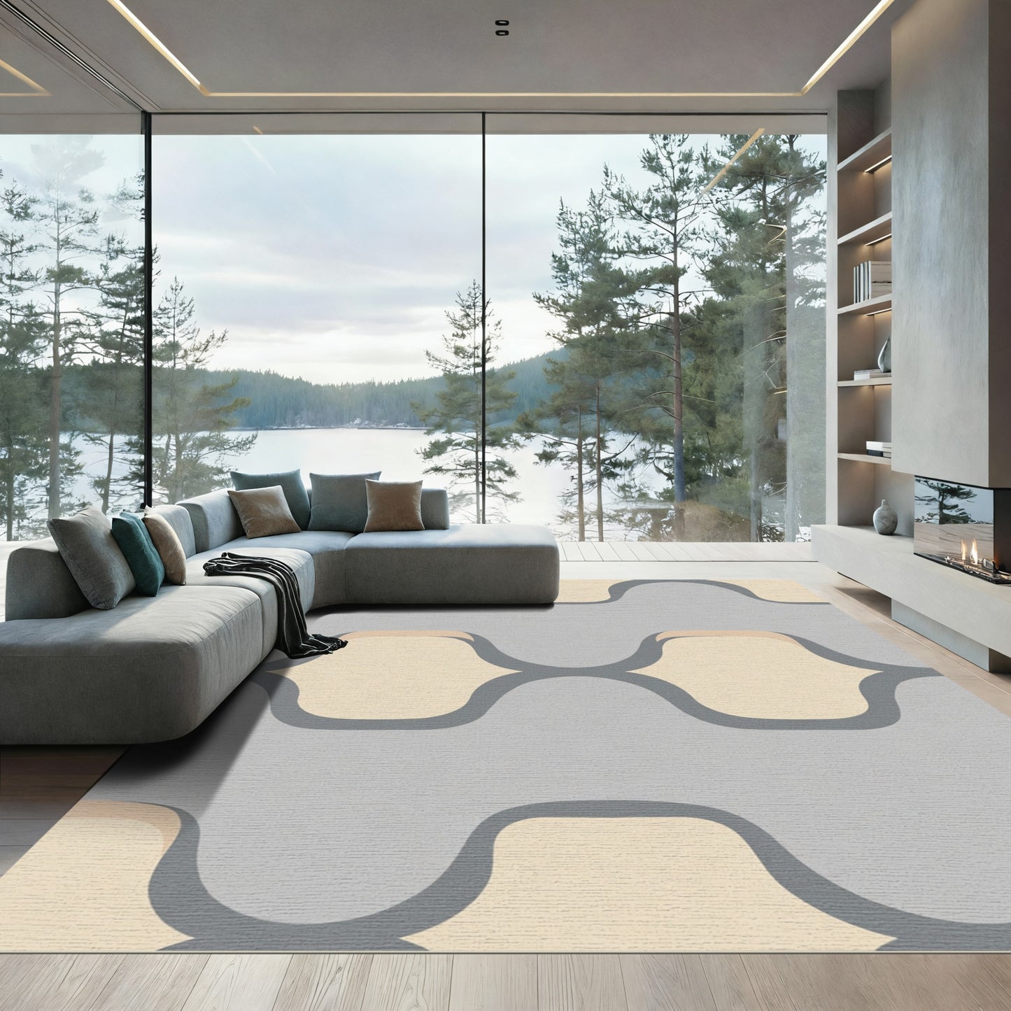 Soft Gray Yellow Interlocking Waves Rug