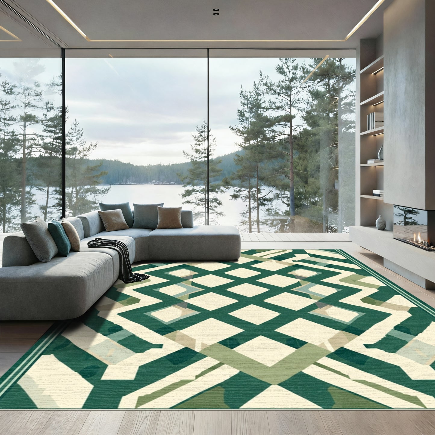 Emerald Geometric Interlocking Diamond Rug