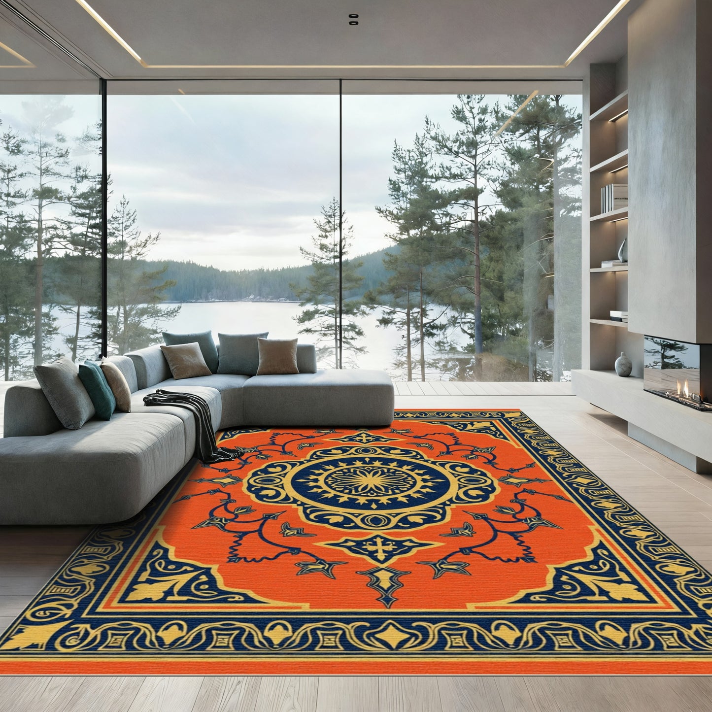 Vibrant Orange Blue Medallion Rug