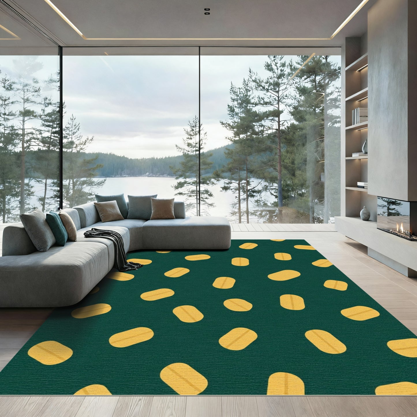 Deep Green Scattered Golden Ovals Rug