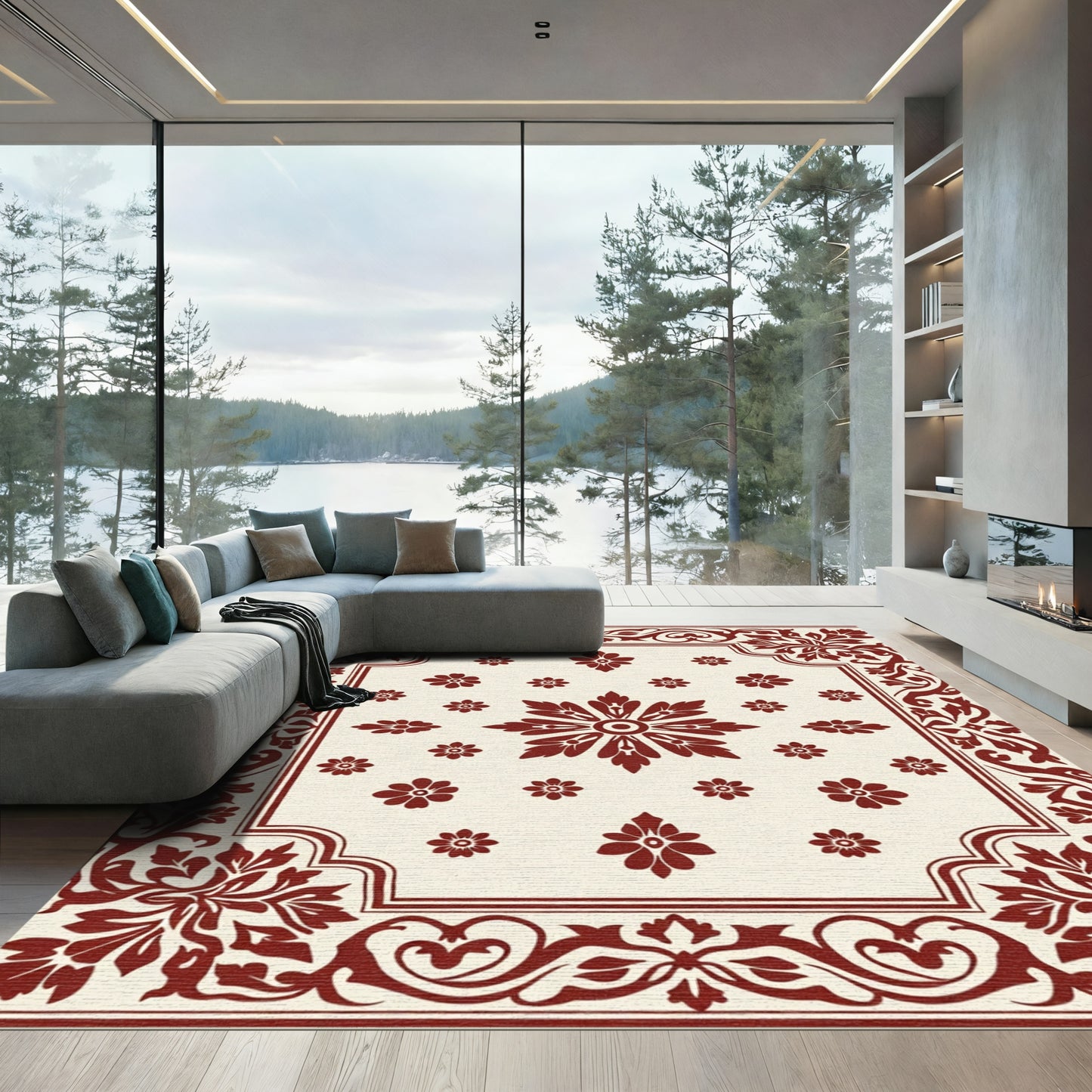 Deep Crimson Floral Bordered Medallion Rug