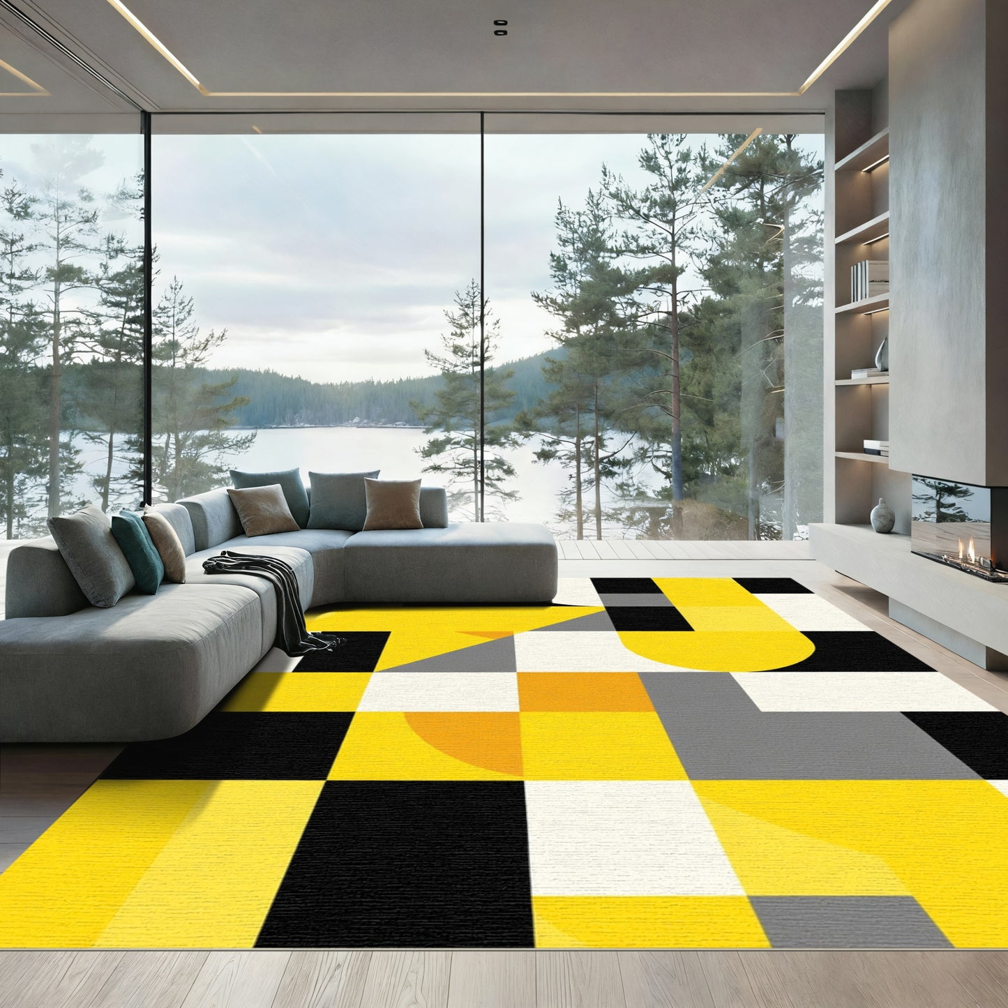 Bold Geometric Yellow Black Composition Rug