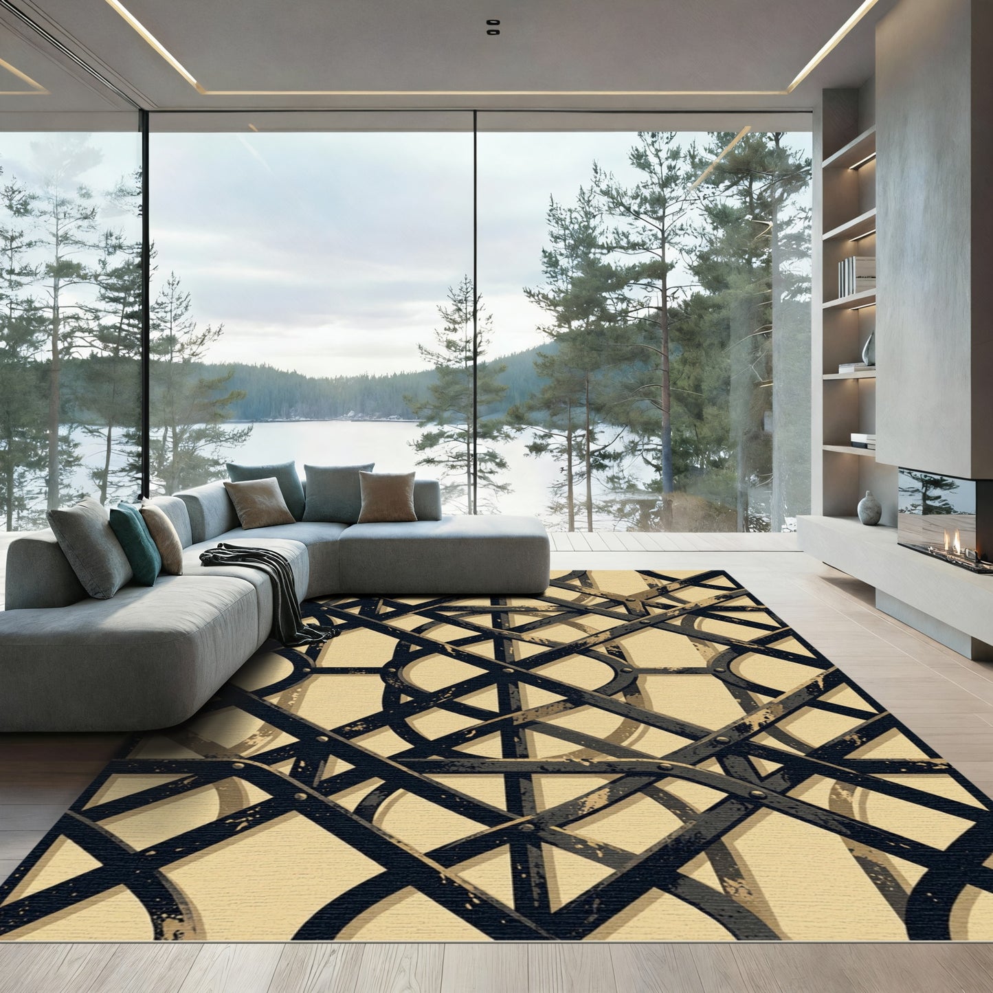 Industrial Black Geometric Intersecting Lattice Rug