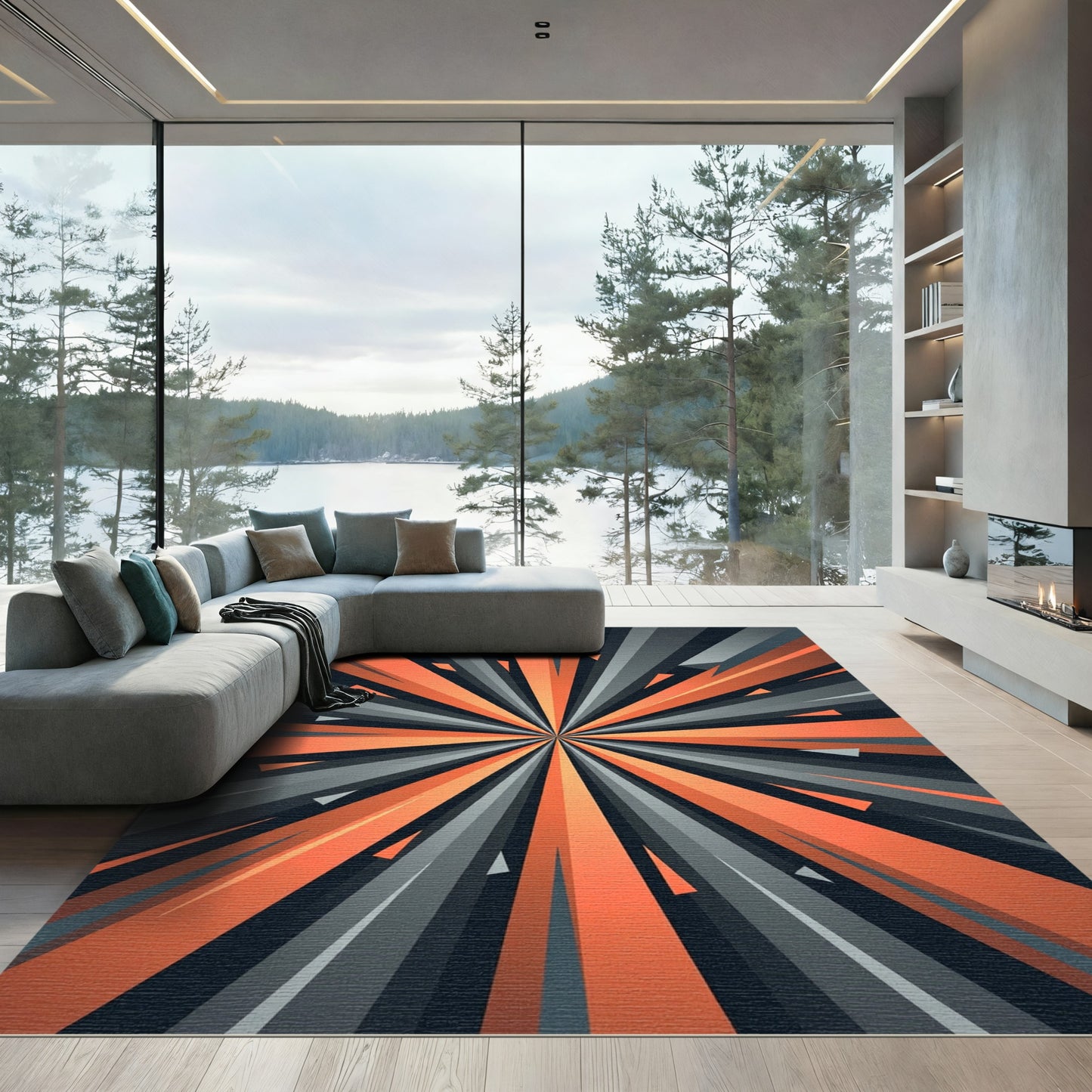 Modern Burnt Orange Gray Radial Burst Rug