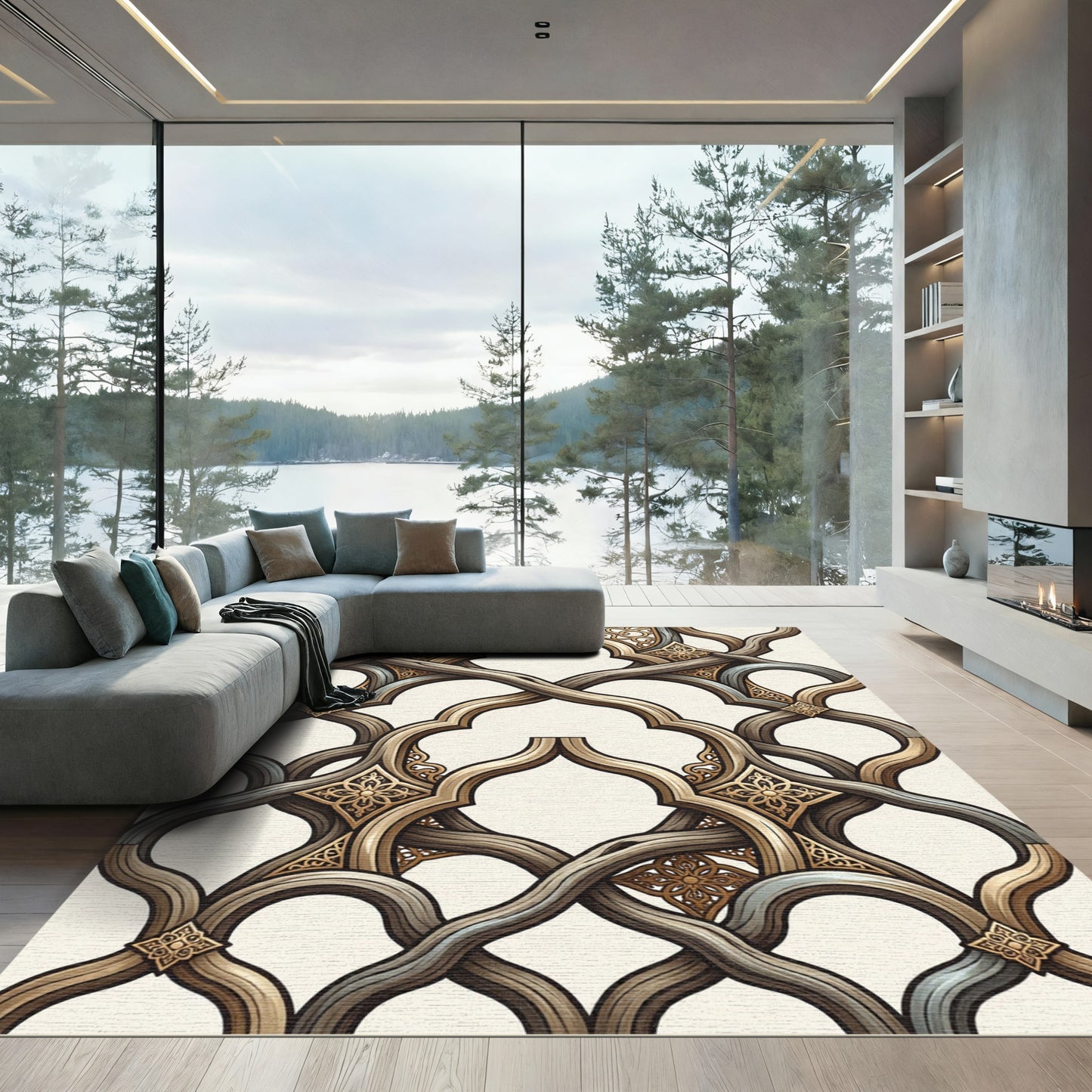 Elegant Gold Metallic Intertwined Scroll Rug