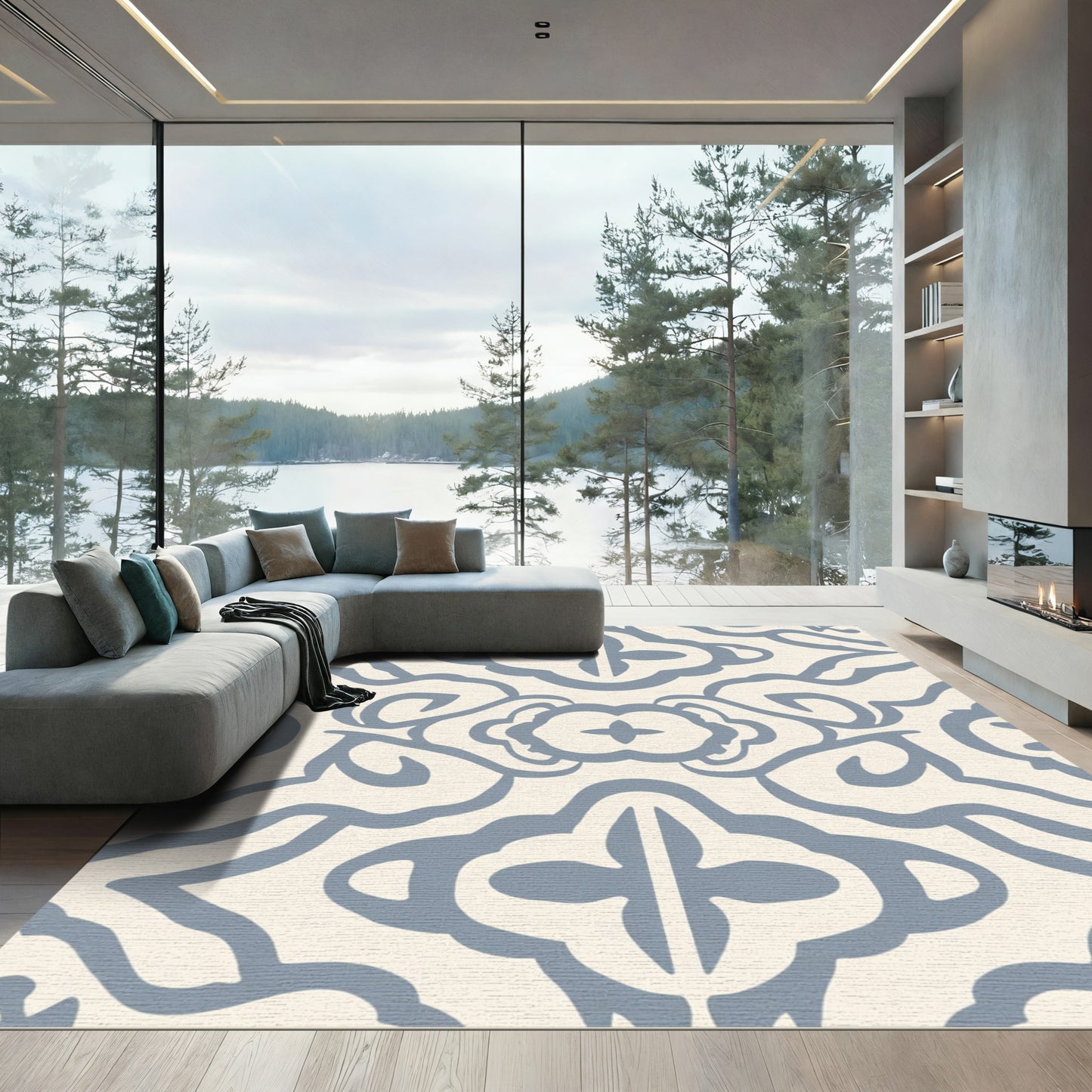 Light Blue Swirling Curves Medallion Rug