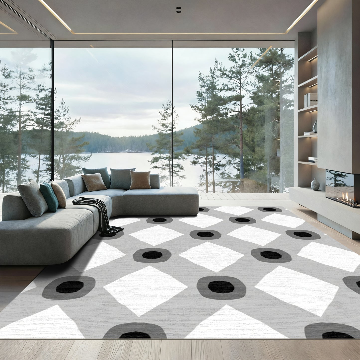 Geometric Gray Dot Diamond Tile Rug