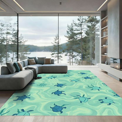 Teal Sea Turtle Swirl Composition Rug