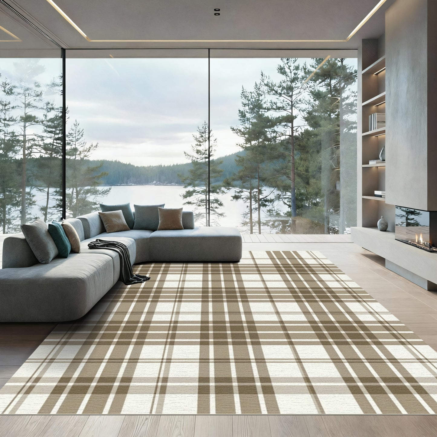 Subtle Beige Plaid Lines Rug