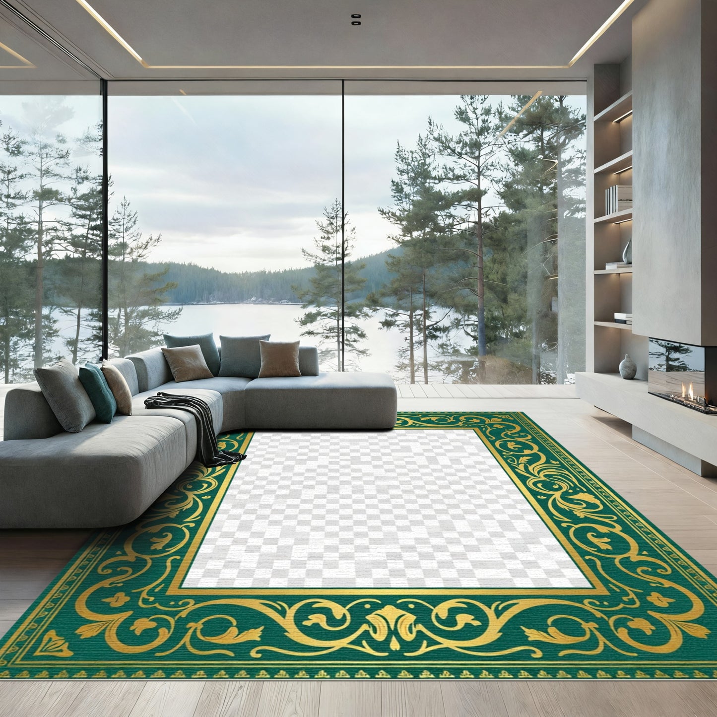 Emerald Gold Ornate Scroll Frame Rug