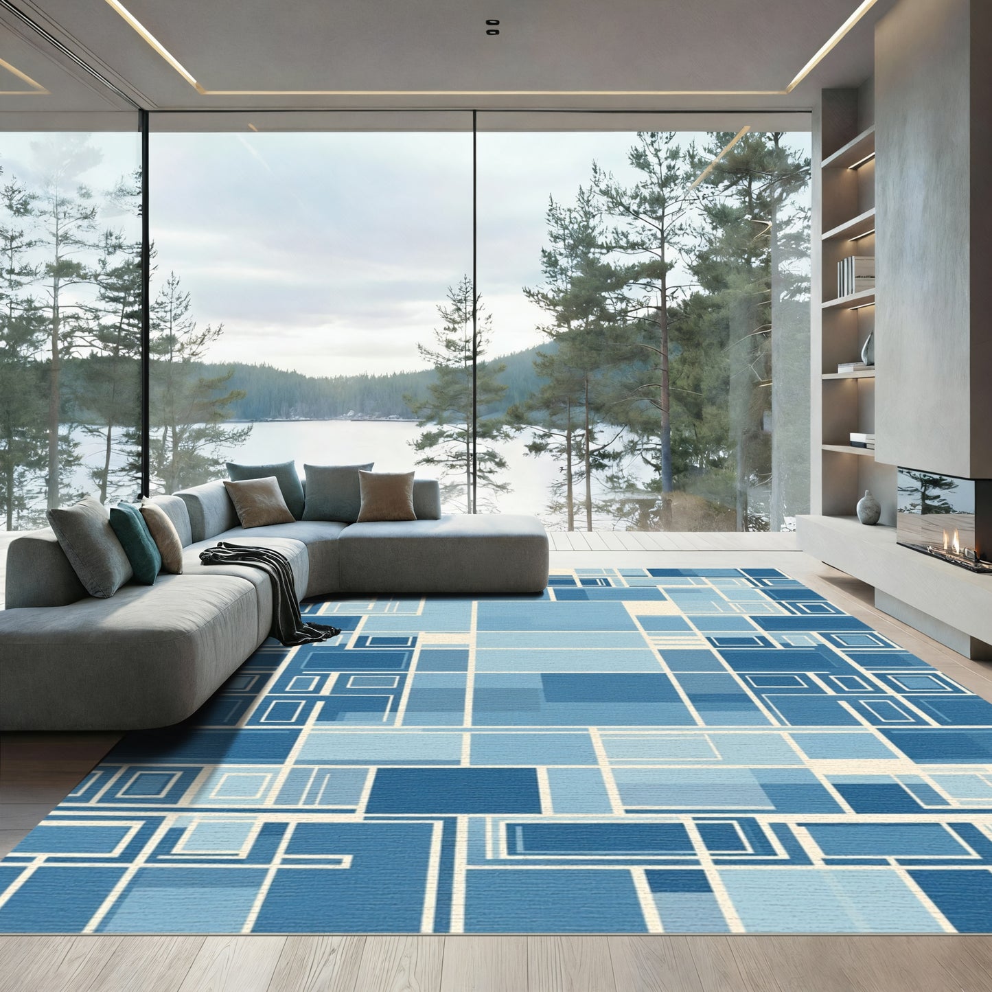 Cool Blue Geometric Grid Rug