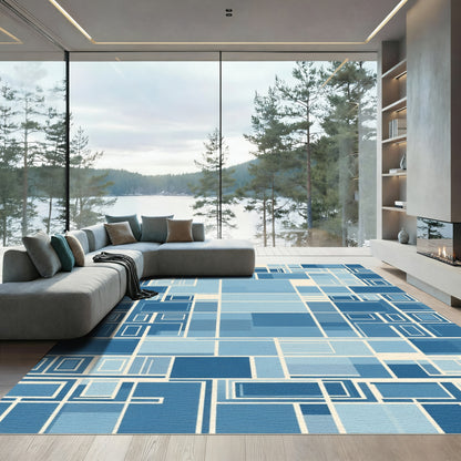 Cool Blue Geometric Grid Rug
