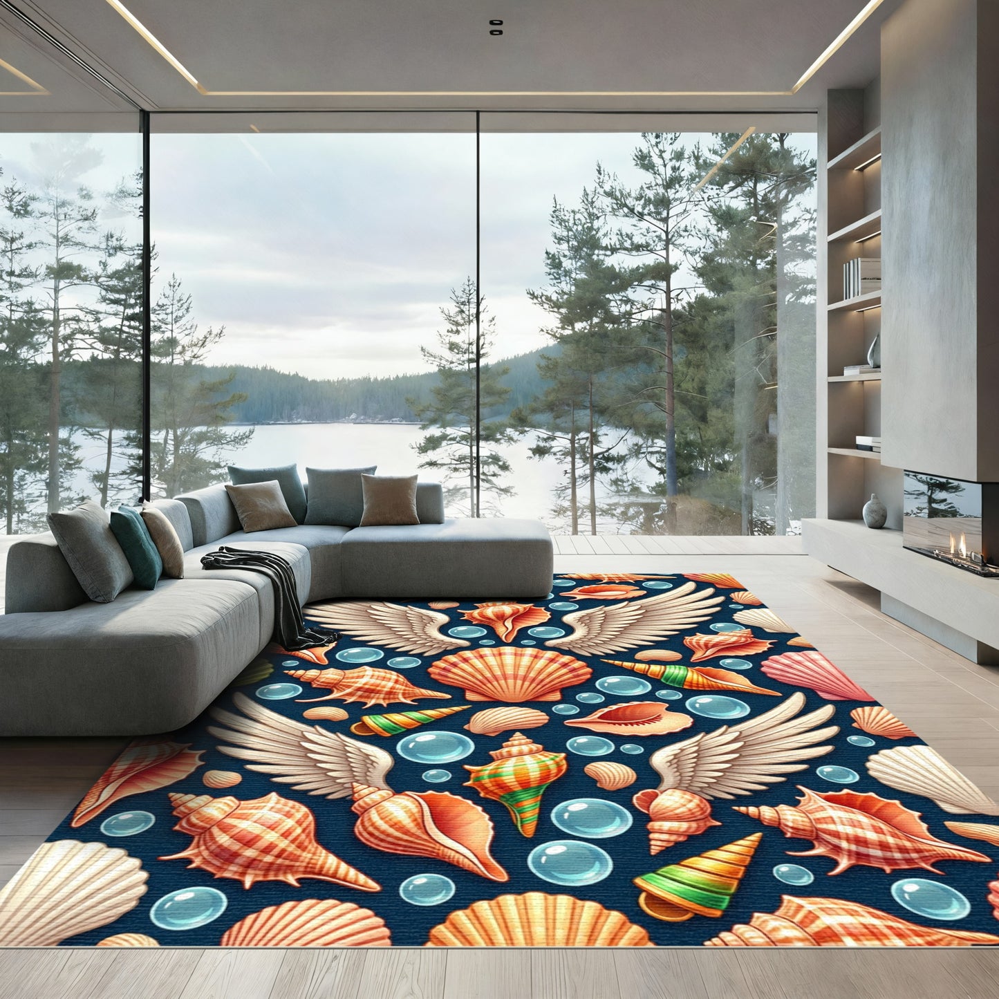 Winged Seashells on Dark Blue Ocean Rug