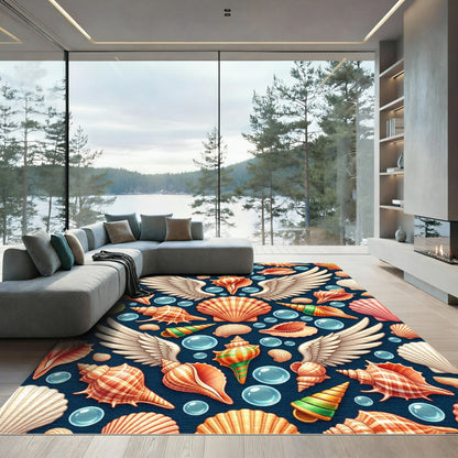Winged Seashells on Dark Blue Ocean Rug