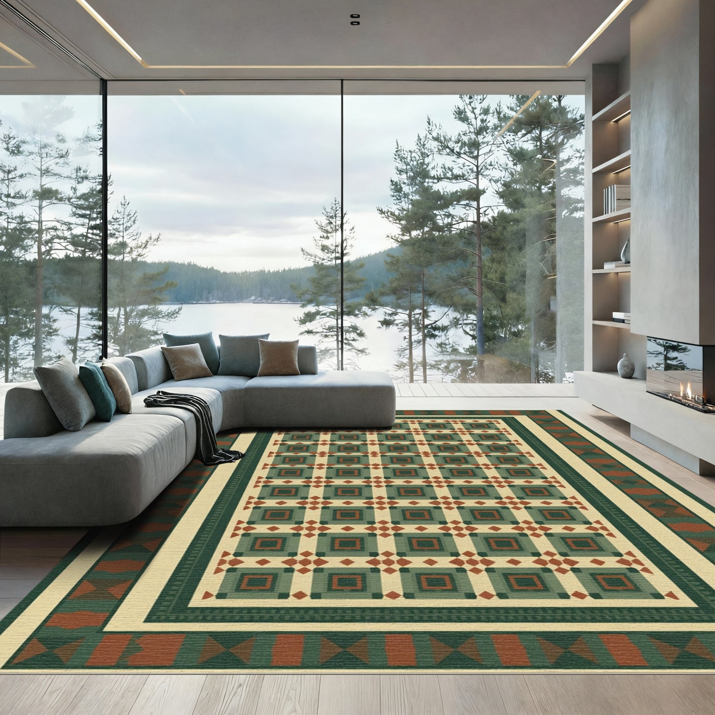 Geometric Square Red Green Cream Rug