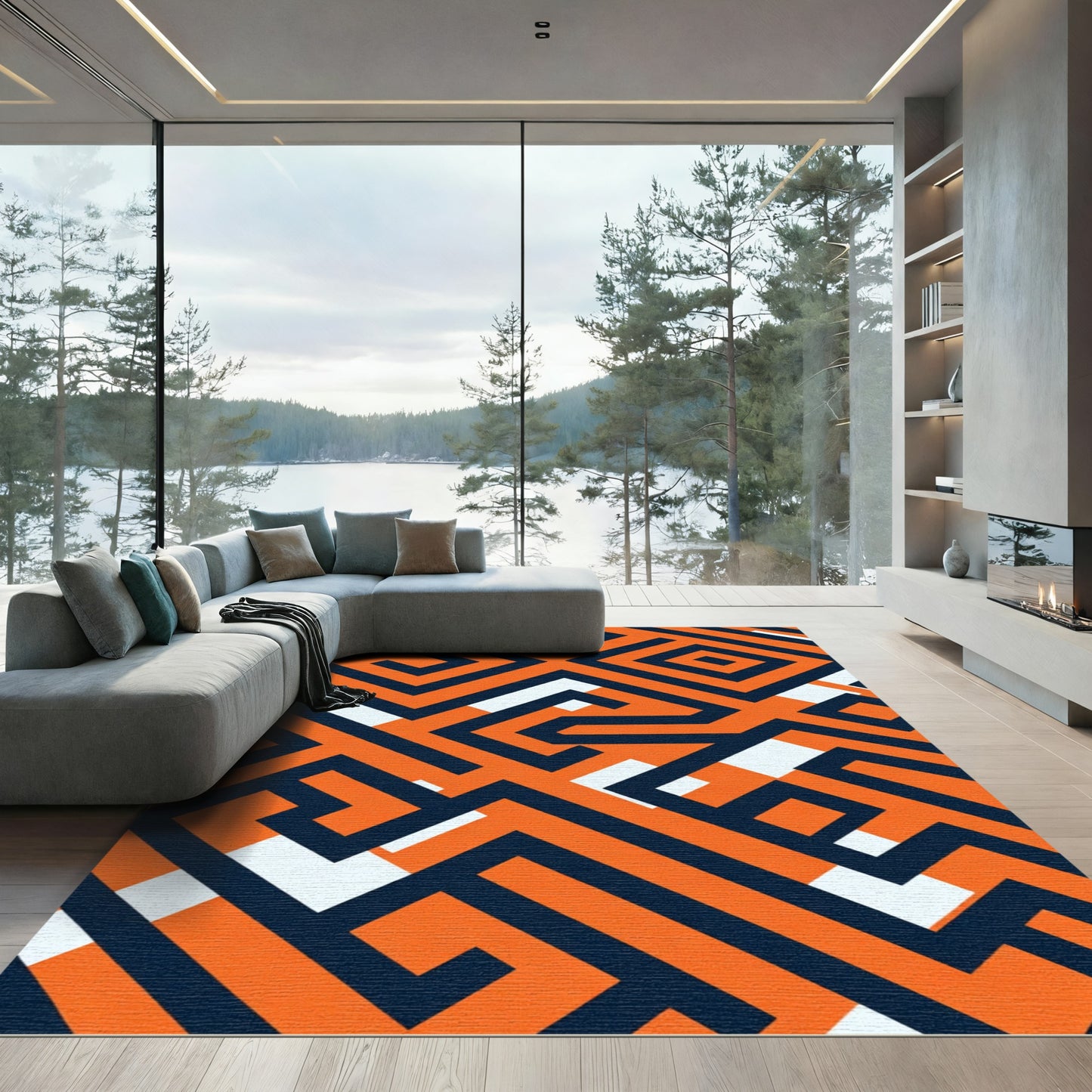 Orange Navy Maze Geometric Rug