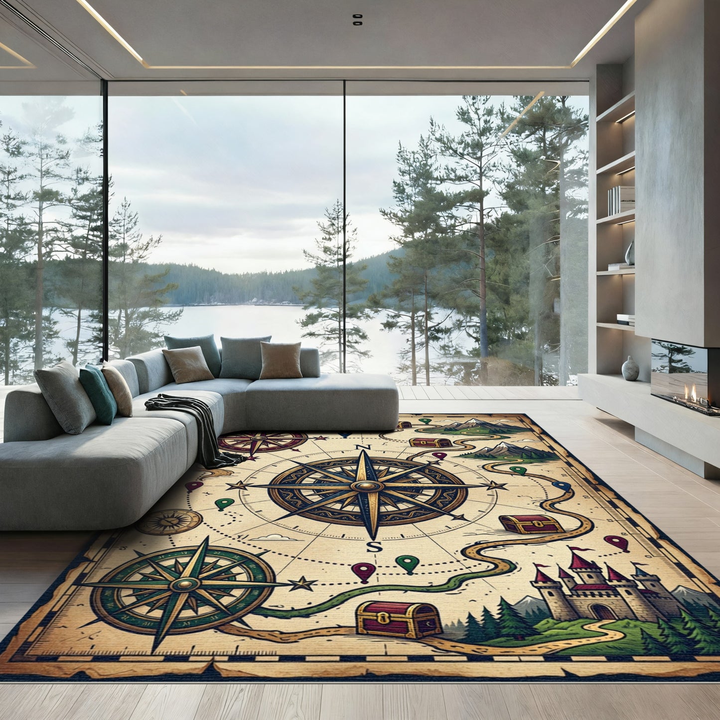 Vintage Nautical Compass Treasure Map Rug